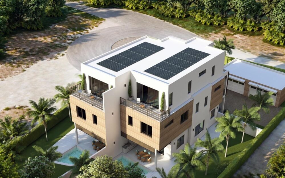 Rendering of the duplex development in West Bay, Grand Cayman, with two pools, roof terraces and rooftop solar